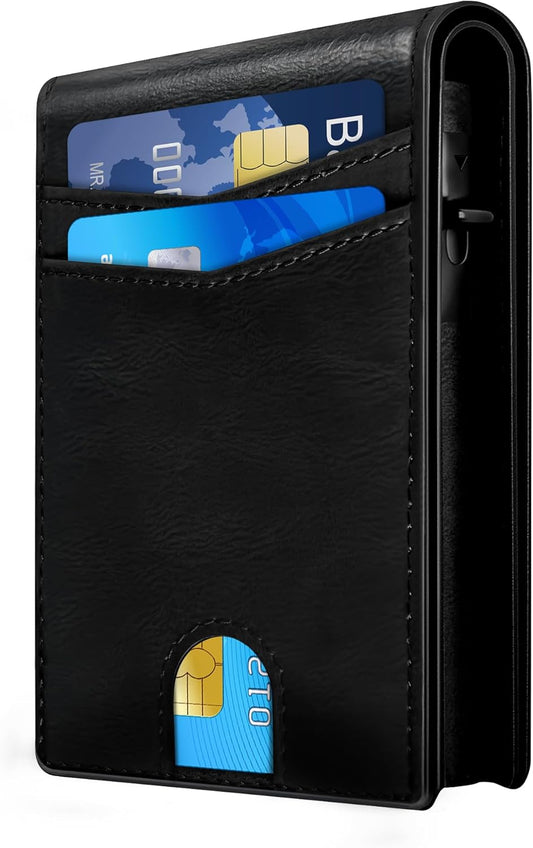 2025 Upgraded Minimalist Wallet for Men - RFID Blocking Credit Card Holder Case Leather Pop Up Aluminum Wallet with Cash Slot, Front Pocket ID Window Gift Boxed (Carbon Fiber - with Airtag Holder)