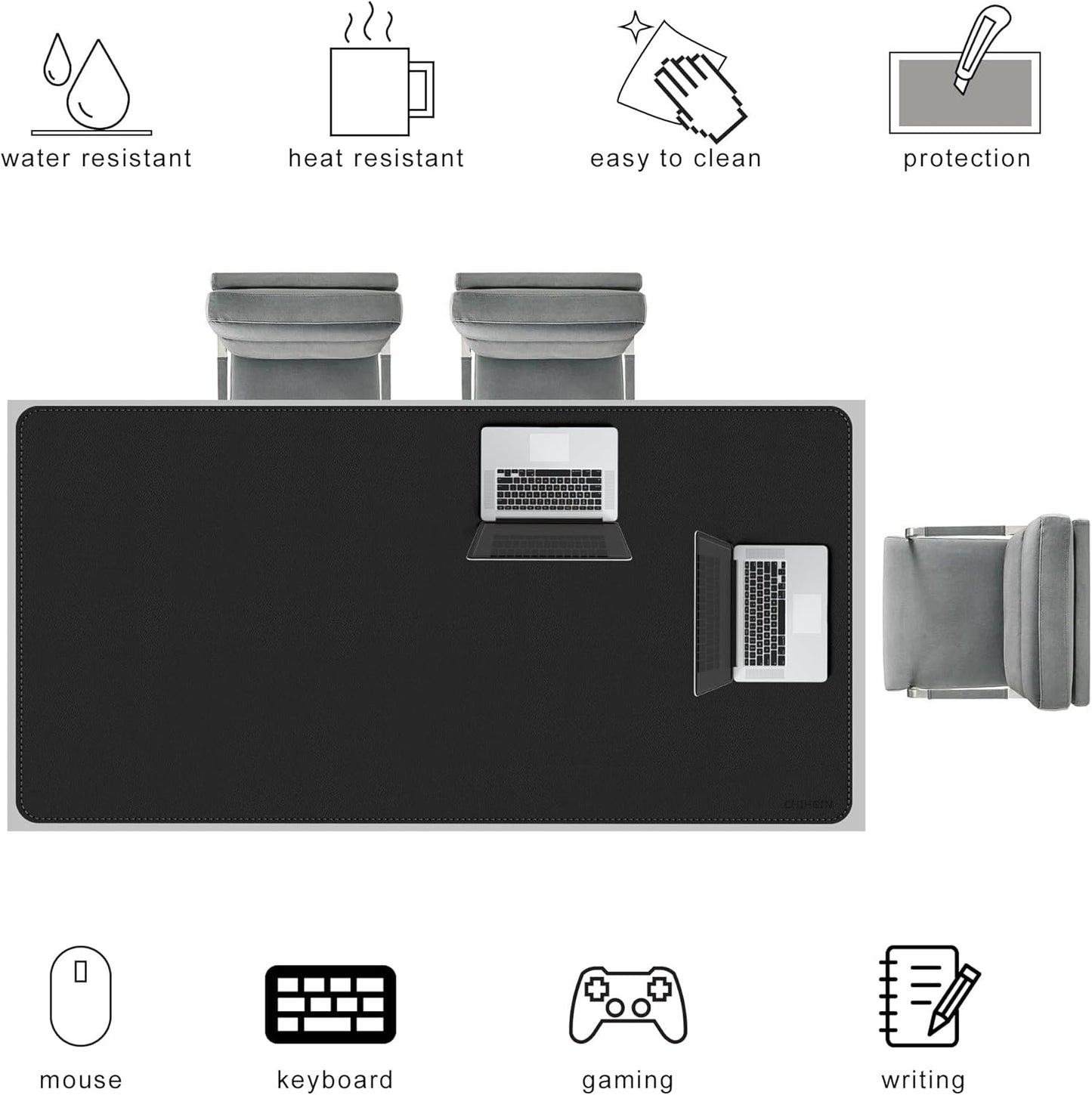 Chihein 2XL 35" x 16" Cork & PU Leather Desk Mat, Dual Sided Desk Pad Protector, Waterproof Writing Blotter for Gaming, Office, Home (Black)