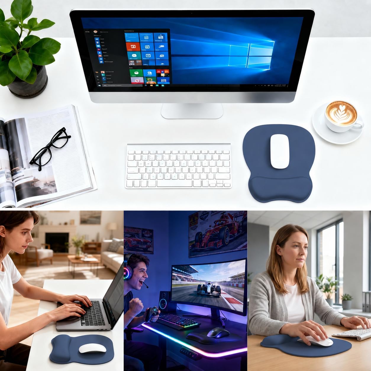 EooCoo Ergonomic Mouse Pad with Wrist Support, Mousepad with Memory Foam Wrist Rest and Non-Slip Base for Computer, Cafe, Home & Office, 9.64 x 8.26 in Office Desk Accessories