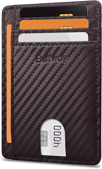 Buffway Slim Minimalist Front Pocket RFID Blocking Leather Wallets for Men and Women - Carbon Fiber Black - Colors A