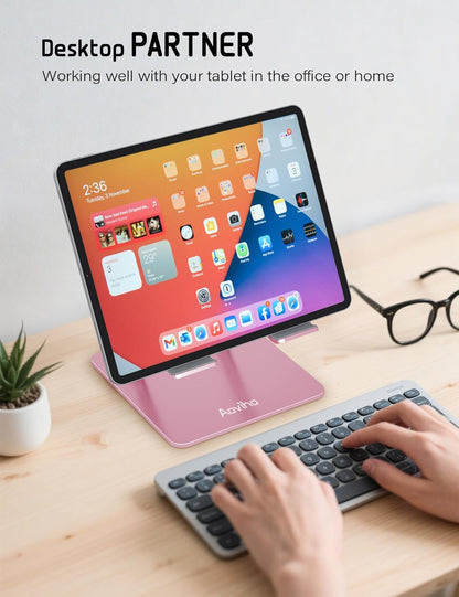 Aoviho Tablet Stand Holder for Desk, Adjustable Aluminum Desk Accessories, Stable Desktop Stand for Office Home,Compatible with iPad Pro Air Mini, Samsung Tablets, Rose Gold