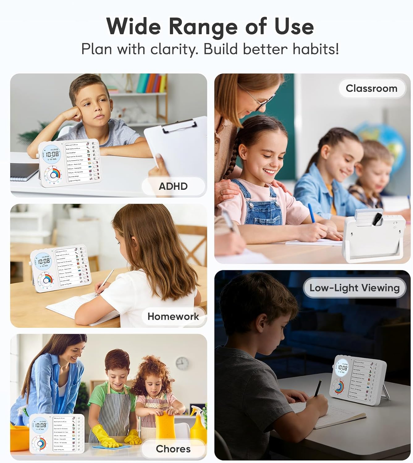 3-in-1 Visual Timer & ADHD Tool for Kids – ADHD Task Timer for Adults with Visual Schedule, Chore Chart & Planning Board for Home, School, Classroom, Work (White)