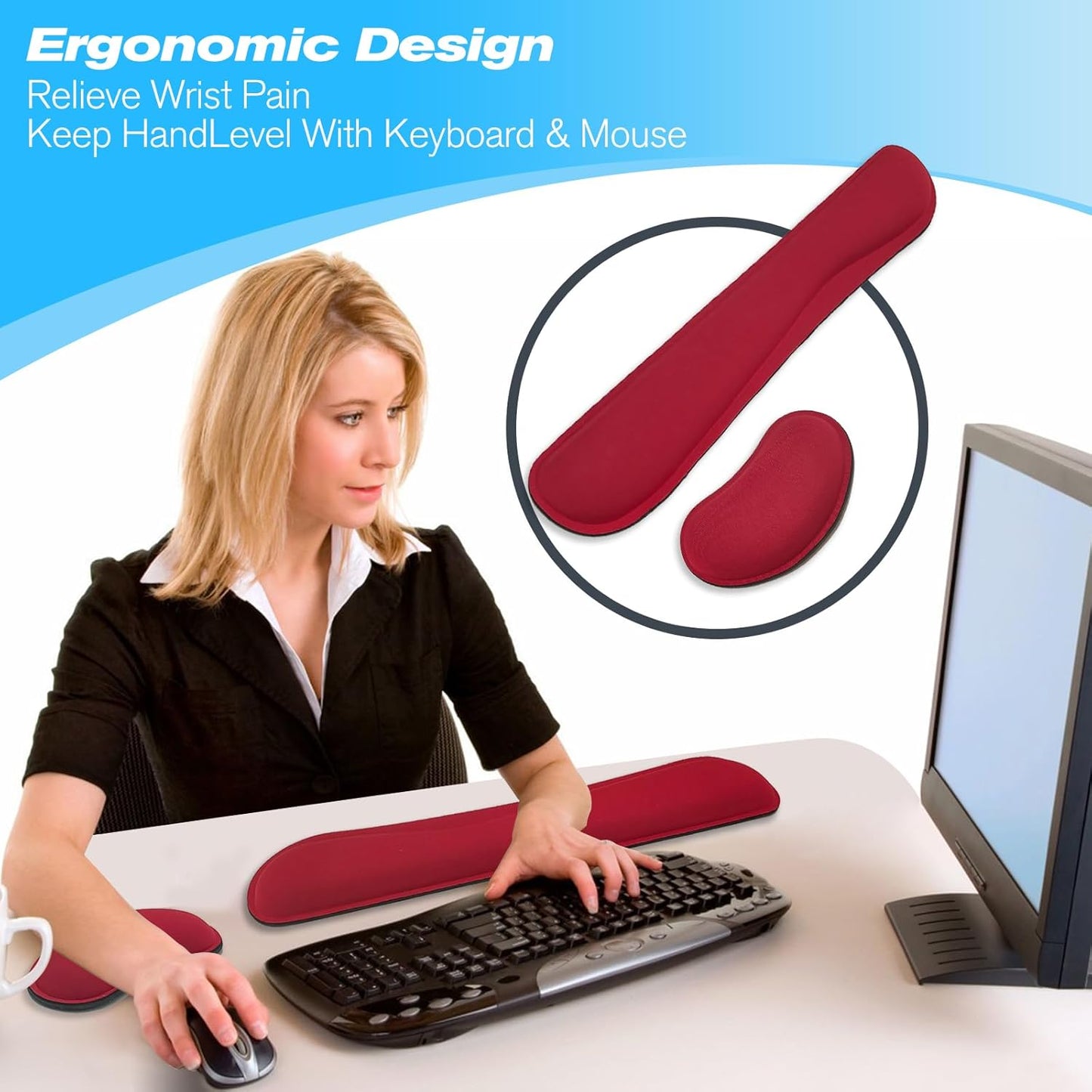 Keyboard Wrist Rest and Mouse Wrist Rest Set - Ergonomic Memory Foam Wrist Cushion - for Wrist Support on Computer, Laptop, Office, Playing Games, Typing Relieves Wrist Pain Rose Red