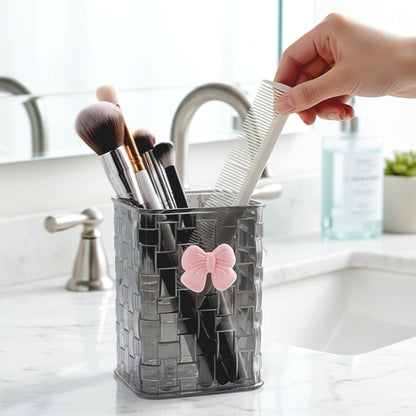 Artistic Acrylic Pen Holder Cute, Clear Stylish Pencil Holder for Desk, Black Transparent Makeup Brush Holders with Woven Texture and a Pink Bow, Clear Pencil Organizer Pen Caddy for Desk Accessories