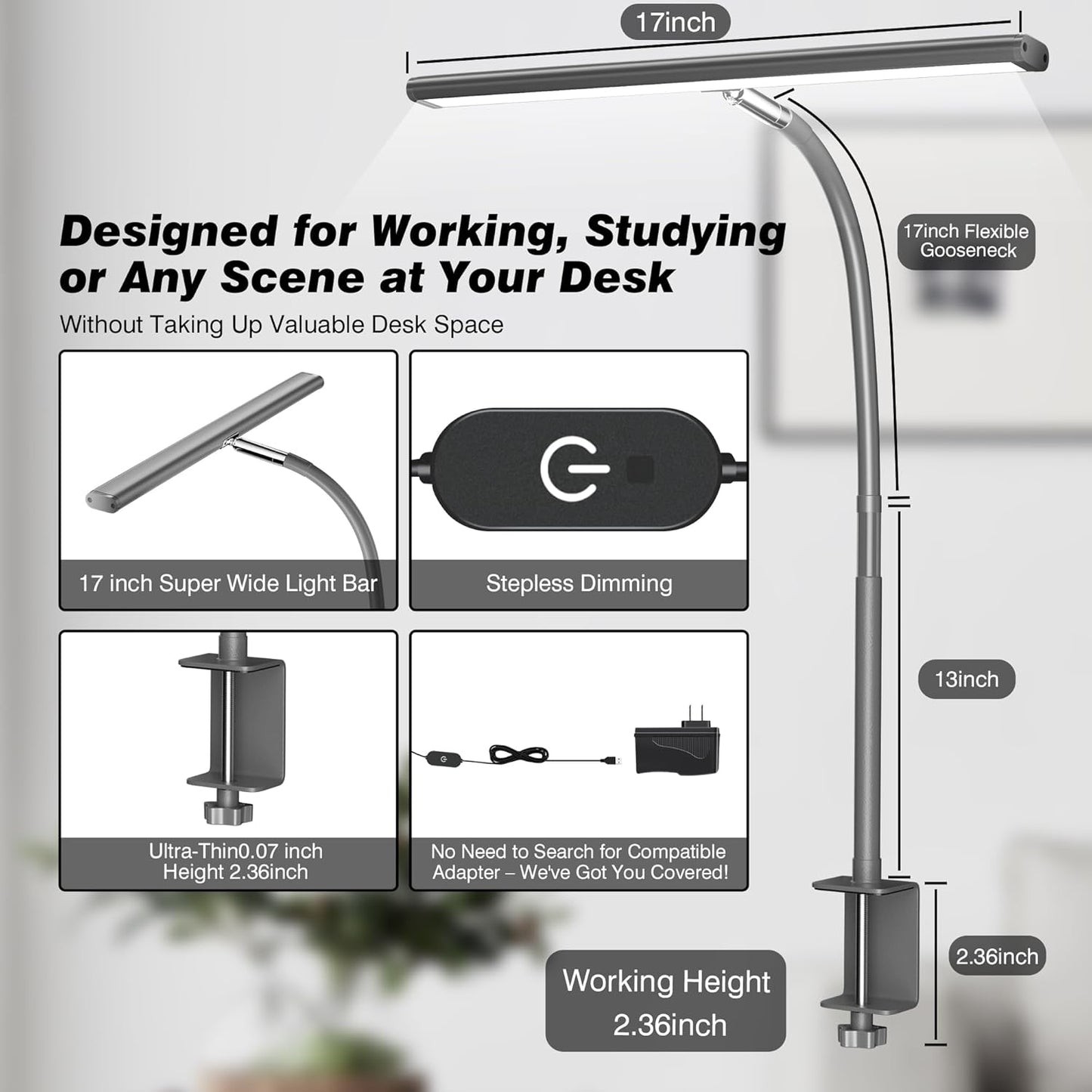Airlonv LED Desk Lamp for Office Home, Eye-Caring Desk Light with Stepless Dimming Adjustable Flexible Gooseneck, 10W USB Adapter Desk Lamp with Clamp for Reading, Study, Workbench (Black)