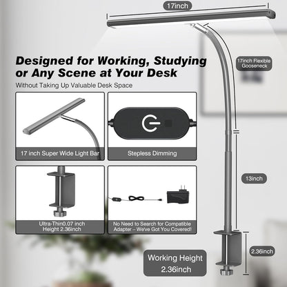 Airlonv LED Desk Lamp for Office Home, Eye-Caring Desk Light with Stepless Dimming Adjustable Flexible Gooseneck, 10W USB Adapter Desk Lamp with Clamp for Reading, Study, Workbench (Black)