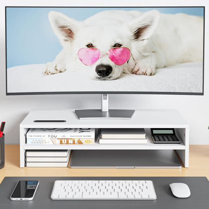 BONTEC Wooden Monitor Stand Riser for Desk, 2-Tier Computer Monitor Stand with Storage, 66 lbs Desk Shelf Organizer, Laptop & Printer Stand with Phone Holder and Cable Management, White, 16.5 Inch