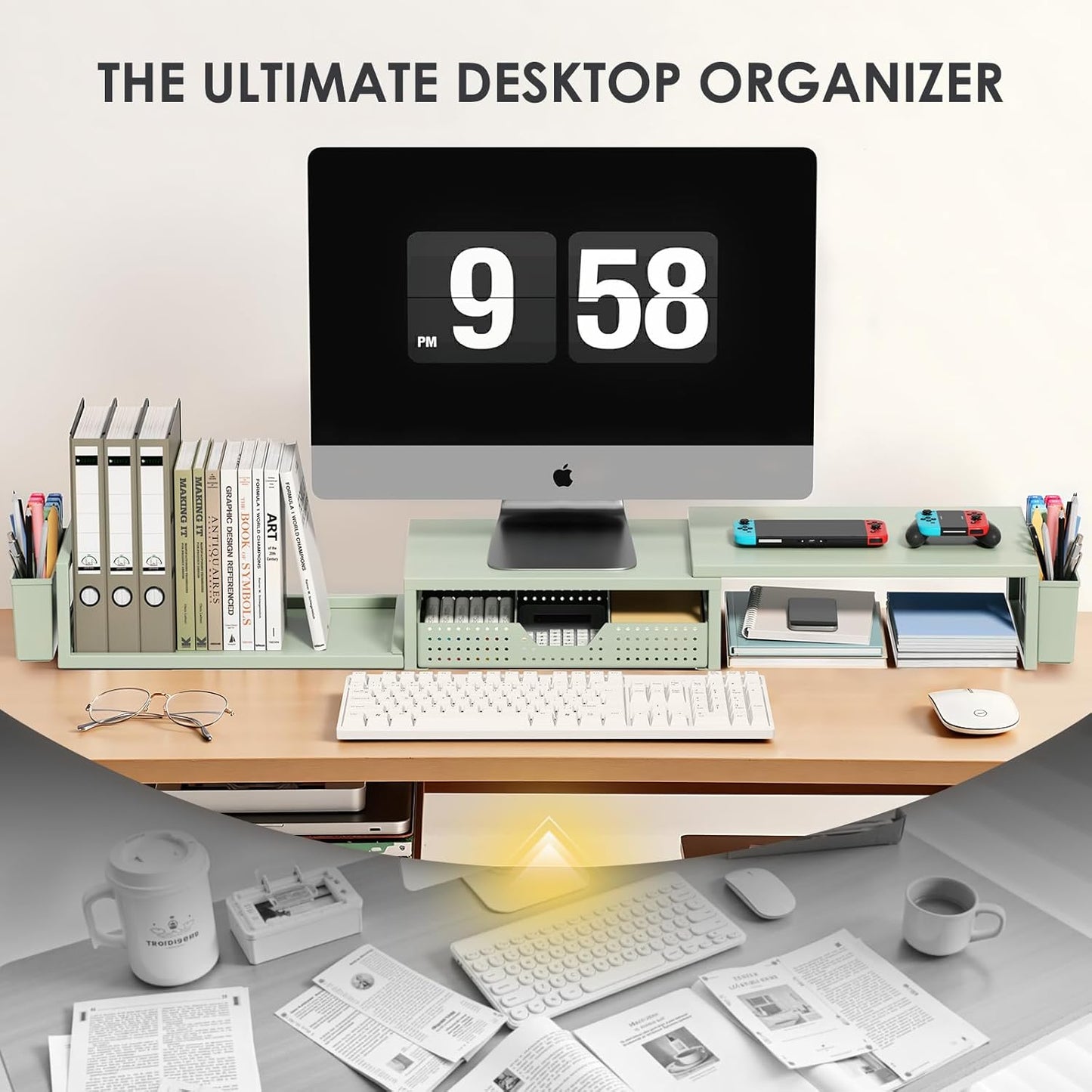OPNICE Desk Organizers and Accessories, Dual Monitor Stand Riser with Drawer and 2 Pen Holders, Desk Shelf Wood Computer Racks for Office Workspace Organizers, Desktop Organization (Rustic Brown)