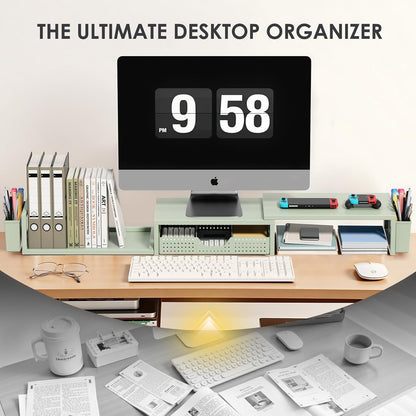 OPNICE Desk Organizers and Accessories, Dual Monitor Stand Riser with Drawer and 2 Pen Holders, Desk Shelf Wood Computer Racks for Office Workspace Organizers, Desktop Organization (Rustic Brown)