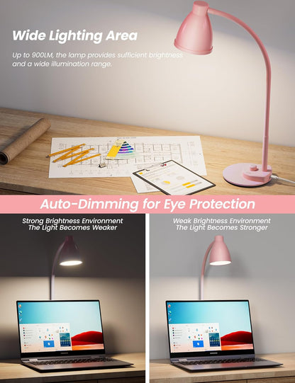 BOHON LED Desk Lamp with USB Charging Port, 3 Color Modes Dimmable Reading Lamp, Auto Dimming Task Lamp, Flexible Neck Table Light for Dorm Bedside, Adapter Include, White