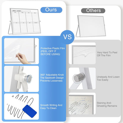 Magnetic Dry Erase White Board with Stand, 12'' x 16'' Desktop Weekly Schedule Board, 10 Markers, 4 Magnets, 1 Eraser, Double-Sided White Board Easel for Drawing School to Do List