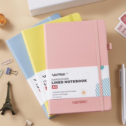 NIRMIRO 3 Pack Pocket Notebook Journals, Small Notepad Notebooks for Note Taking, A6 Mini Note pads with Pen Holder, 408 Lined Pages, 3.7" x 5.7", Black, Brown, Blue