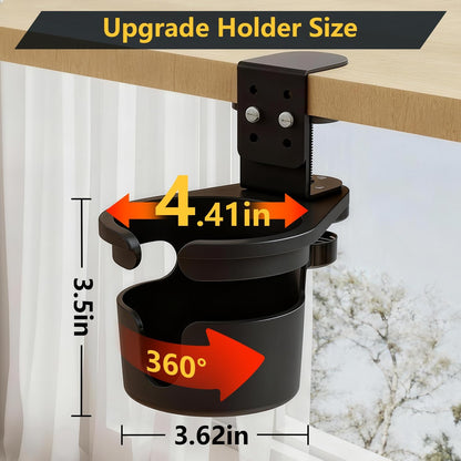 Desk Cup Holder Clip On 360° Rotating Clamp,Deeper Anti-Spill Drink Holders for Water Bottles & Coffee Mugs,Adjustable Clamp Fits Screw On Table for Drinks,Office,Gaming Desk,Home,Black