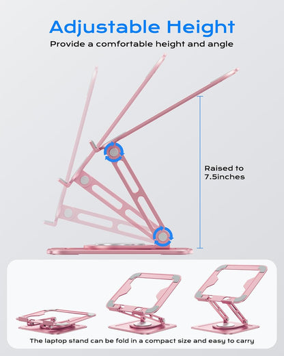 LOXP Adjustable Laptop Stand, Computer Stand with 360 Rotating Base, Ergonomic Laptop Riser Mount for Desk Foldable Protable Computer Desk Fits with MacBook Pro Air (10-16") - Pink