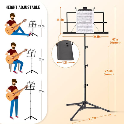 CAHAYA Portable Sheet Music Stand: Dual Use Desktop Book Holder Folding Lightweight Extra Stable Reinforced with Carrying Bag and Clip for Students Musicians Height Adjustable up to 54.3" CMS0204