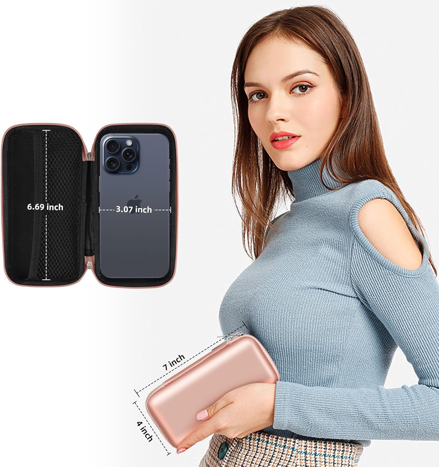iMangoo Travel Essential Electronics Organizer Pouch Charger Case, Shockproof Dual Zipper Power Bank Cables Tech Accessories Purse, Men & Women Travel Must Have Storage Bag, 6.5x3.2x1 inch Rose Gold
