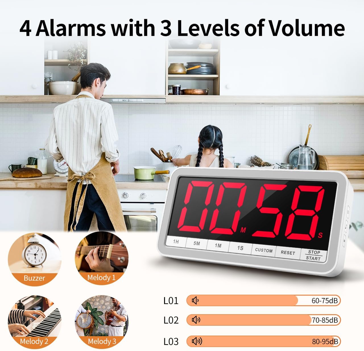 VOCOO Digital Kitchen Timer with 7.8” Extra Large Display, Magnetic LED, with 3 Brightness, 4 Alarms and 3 Volume Levels, Battery Powered Countdown Count Up Timer for Cooking, Classroom, Home Gym