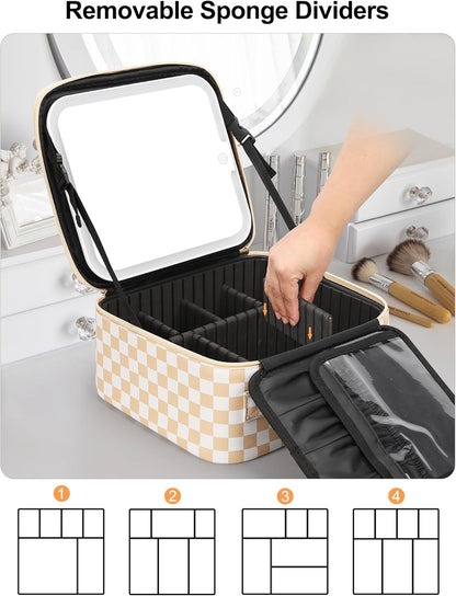Relavel Travel Makeup Bag With LED Mirror, Cosmetic Train Case with Light up Mirror, Portable Makeup Artist Organizer Bag with Adjustable Dividers, Makeup Brush Holder Storage, Black