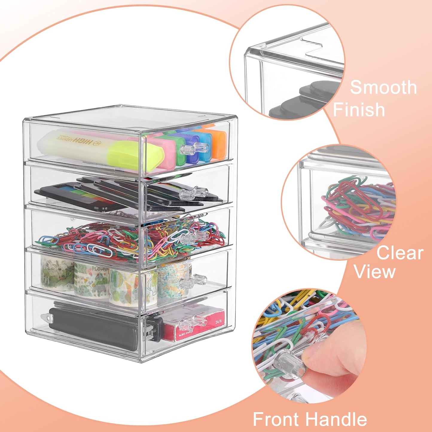 BTSKY Clear Acrylic Storage Organizer with Drawers, 5-Layer Desktop Organizer for Office Essentials, Multi-Purpose Stackable Container for Bathroom Vanity, Desk Makeup Jewelry Container Storage Box