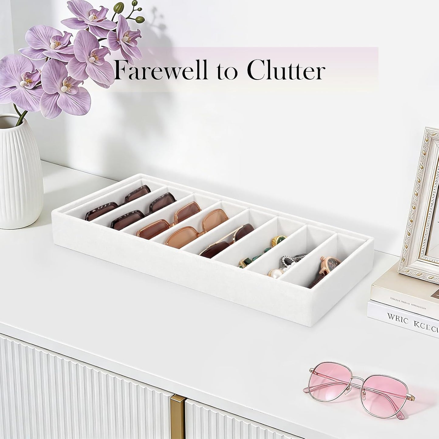 Velvet Sunglass Organizer Tray, Stackable Glasses Case for Drawer, Eyeglasses Watches Jewelry Display Holder Women Men