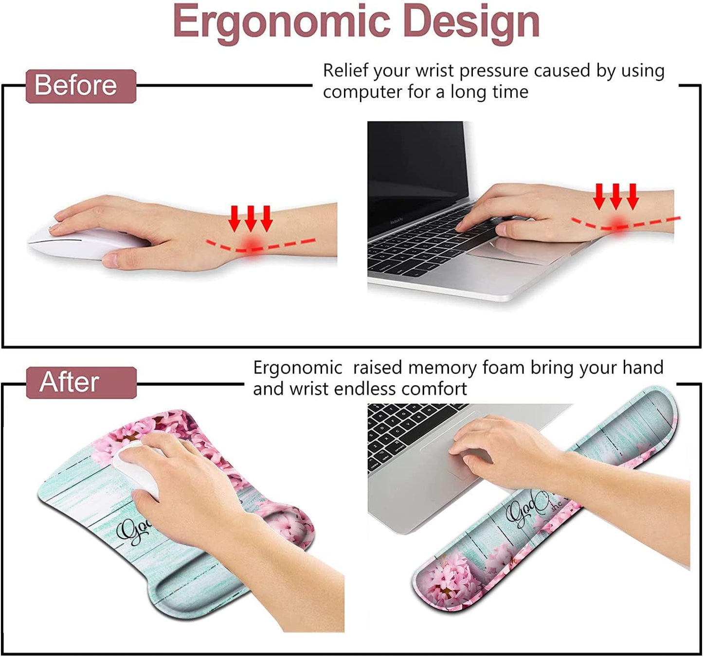 Mouse Pad with Wrist Support, Ergonomic Gel Mouse Pad Beautiful Flowers,Non-Slip Durable, Memory Foam Keyboard Wrist Rest, Suitable for Office Typing Games, Pink Hyacinths on Wood Panel