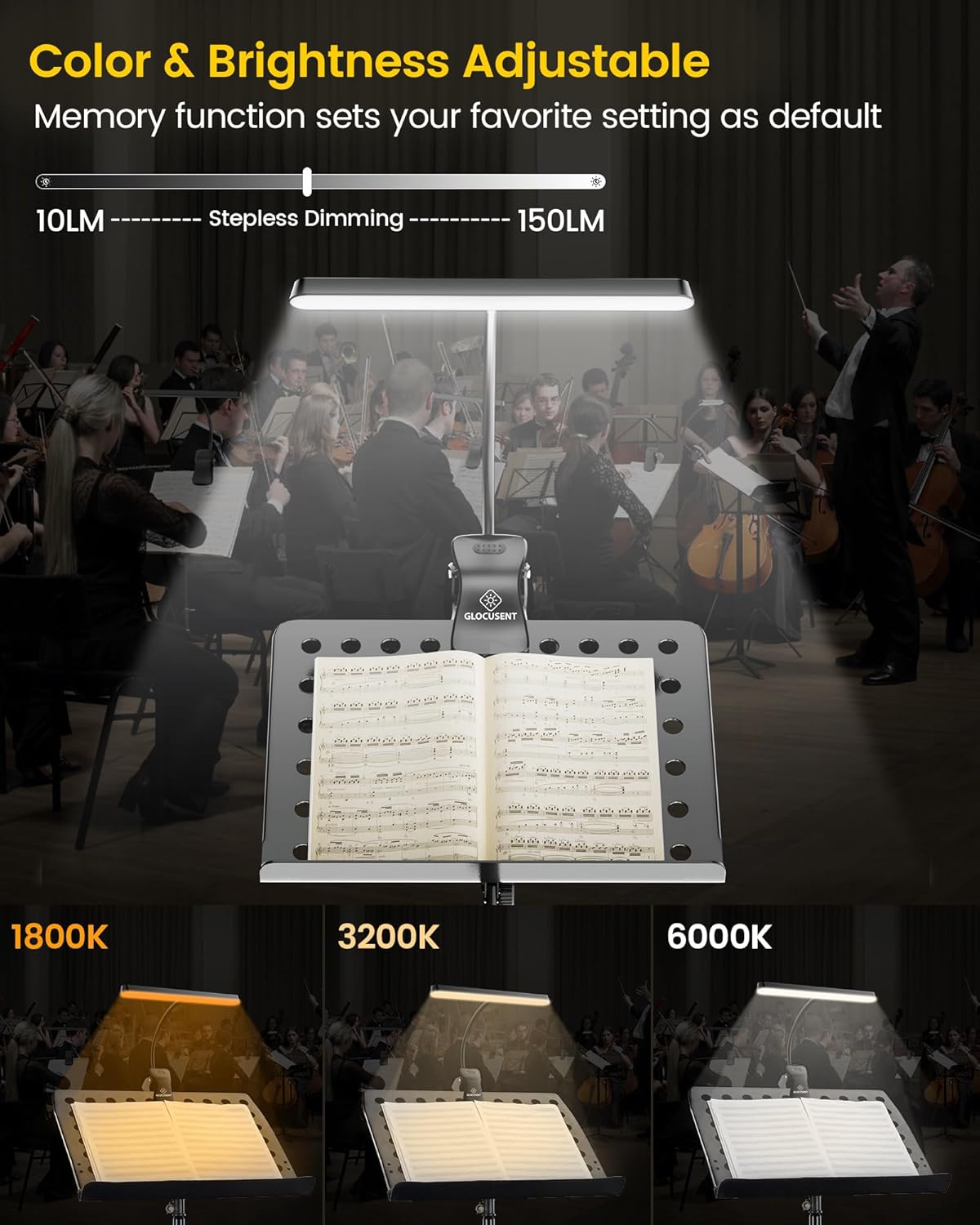 Glocusent Super Bright Eye-Caring Music Stand Light, Clip on Piano Lamp with 3 Colors & 5 Brightness Levels, 57 LEDs, USB-C Rechargeable, Lasts up to 140 Hrs, Perfect for Piano & Sheet Music