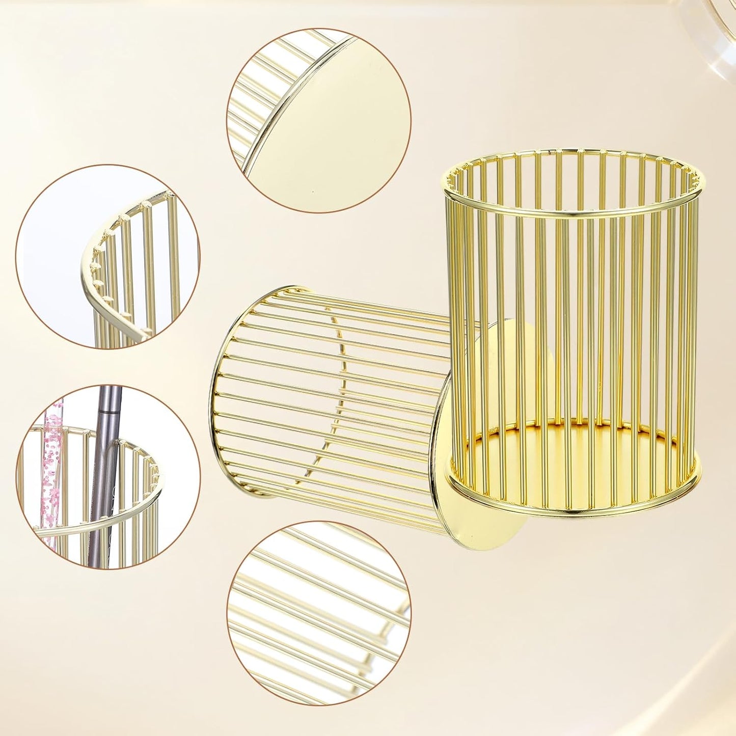 Lemecima 6 Pack Pencil Cups, Round Wire Metal Pen Cups Makeup Brush Holder, Cylindrical Desktop Organizer Office School Home Supplier, Golden, 3.94" H × 3.15" D