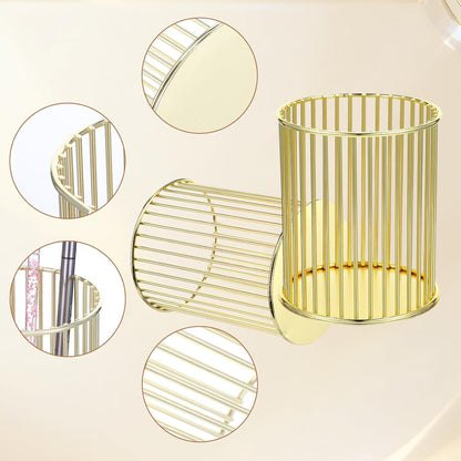 Lemecima 6 Pack Pencil Cups, Round Wire Metal Pen Cups Makeup Brush Holder, Cylindrical Desktop Organizer Office School Home Supplier, Golden, 3.94" H × 3.15" D