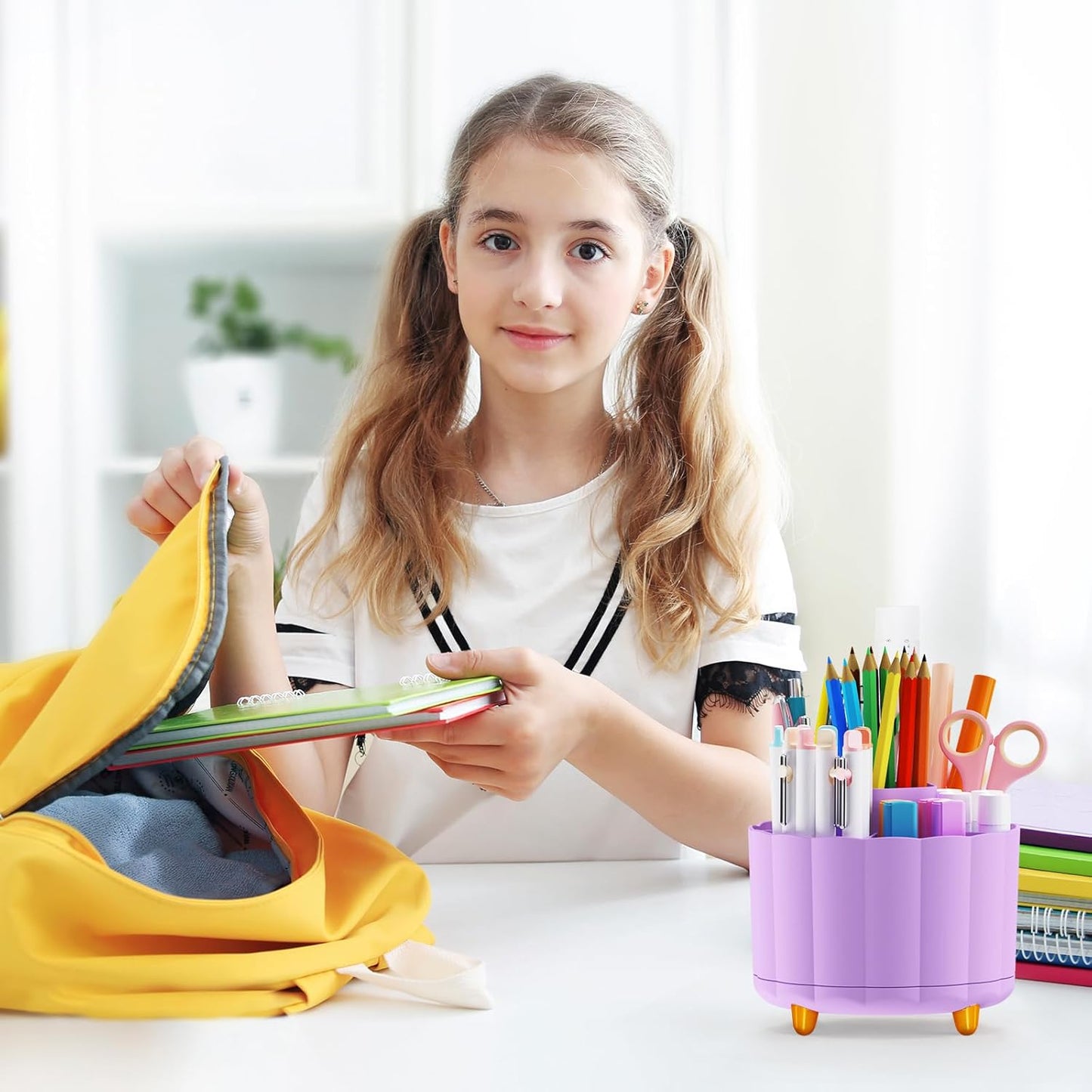 360 Rotating Pencil Pen Holder for Desk, White Pen Organizer with 6 Slots, Cute Office Supplies, Desk Accessories for Office, School, Home