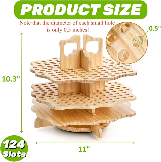 Peohud Wooden Pen Holder, 124 Slots Rotating Pencil Display Stand, Portable Paint Brush Organizer for Colored Pencils, Watercolor Brushes, Art Brushes, Office, Desktop