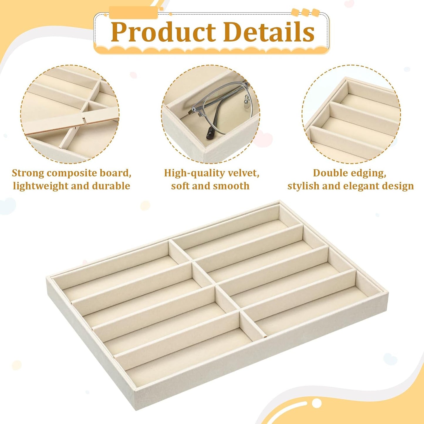 2 Pcs Sunglass Organizer Trays, Velvet Stackable Jewelry Trays Large Eyeglasses Display Jewelry Display Tray Sunglasses Storage Organizer for Men Women Glasses Watch Organizers(Beige)