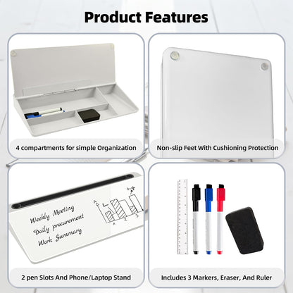 Desktop Whiteboard, Glass Dry Erase Board, Desk Board Buddy,Computer Keyboard Stand,Desk Whiteboard Organizer for Home,Office,School Supplies(White)