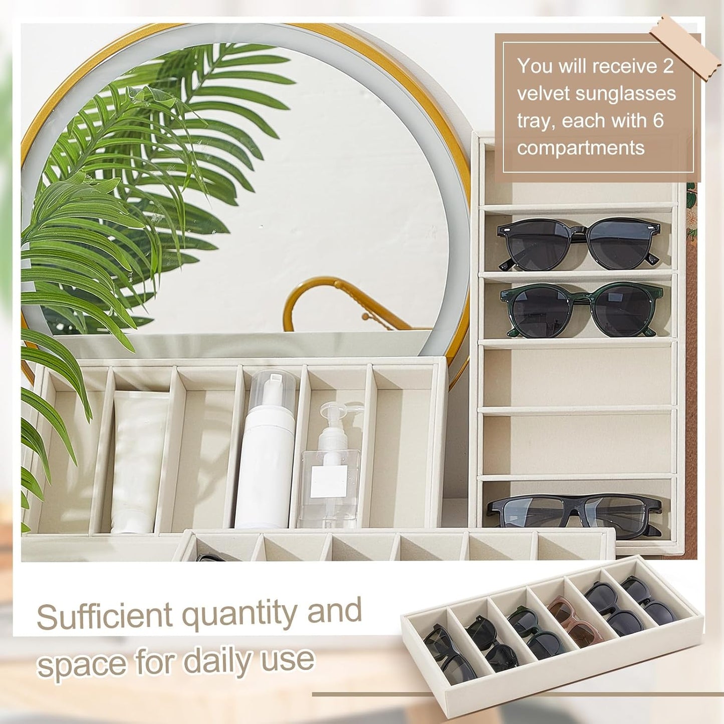 Juexica 2 Pcs Velvet Sunglasses Organizer Tray 6 Grid Sunglass Organizer Velvet Tray Stackable Glasses Display Case for Women Glasses Jewelry Display Watch (Beige)