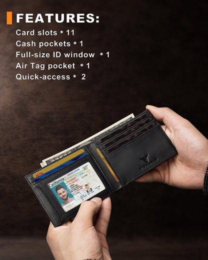 Men's Wallet with Airtag Holder, Bifold Full-Grain Leather Wallet for Apple Air Tag (1st & 2nd Generation), Slim Wallet for Men with RFID Blocking, 11 Card Slots