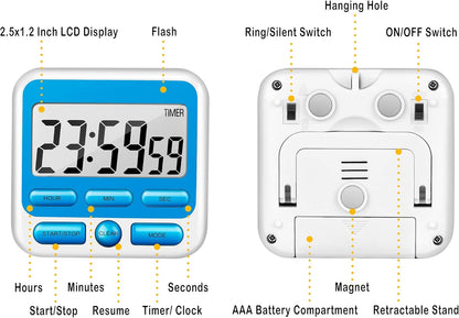 KTKUDY Digital Kitchen Timer with Mute/Loud Alarm Switch ON/Off Switch, 12-Hour Clock & Alarm, Memory Function Count Up & Count Down for Kids Teachers Cooking, Large LCD Display, Strong Magnet (Black)