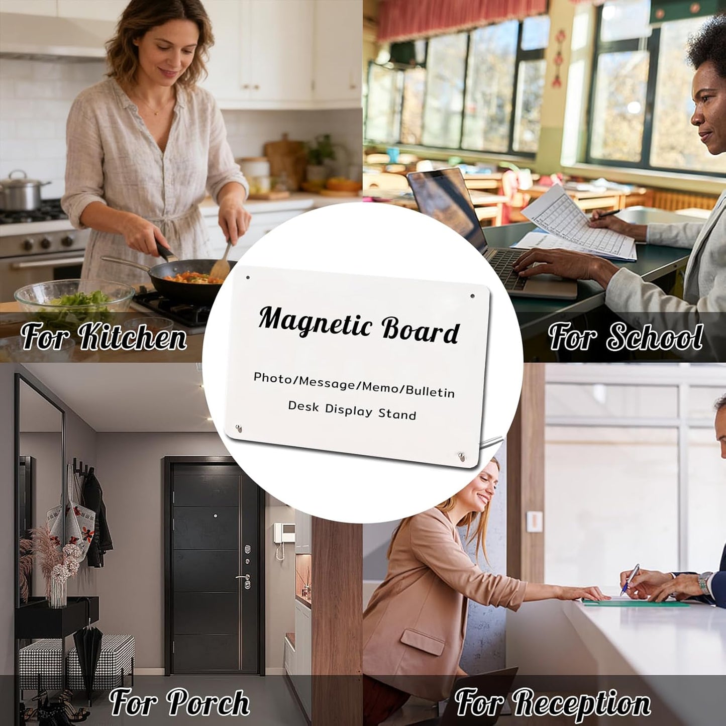 Desk Magnetic Message Board with Stand,11 x 7.9in Magnet Photo/Memo Display Board with Cute Fridge Magnets,Sticky Notes,for Home School Kitchen Office Desk Accessories (White)