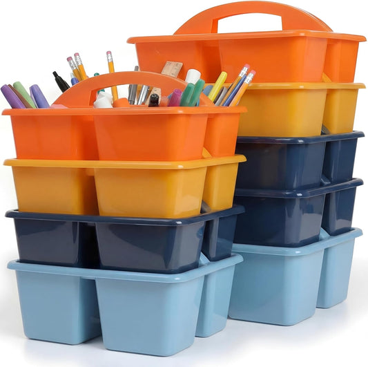Kathfly 4 Pack Caddy Organizer with Handle, Stackable Organization Storage, Small Plastic Basket Classroom Caddy for Table Desk Office Pencil Kids Room Craft Art Teacher School Supplies (Blue Orange)