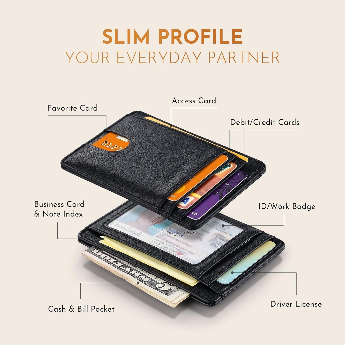 Buffway Slim Minimalist Front Pocket RFID Blocking Leather Wallets for Men and Women - Carbon Fiber Black - Colors B