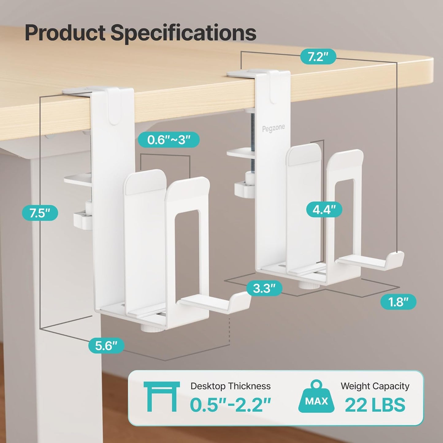 PEGZONE Laptop Stand Vertical, 2-Slot Under Desk Laptop Holder, Desk Side Storage with Headphone Holder, Laptop Organizer for Office Gaming, Black