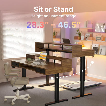 HUANUO 55″ x 26″ Electric Standing Desk with 2 Drawers &24.4″ Large Keyboard Tray, C-Clamp Mount Compatible, Adjustable Computer Desk for Office, Sit Stand Up Desk with 4 Height Presets, Light Walnut