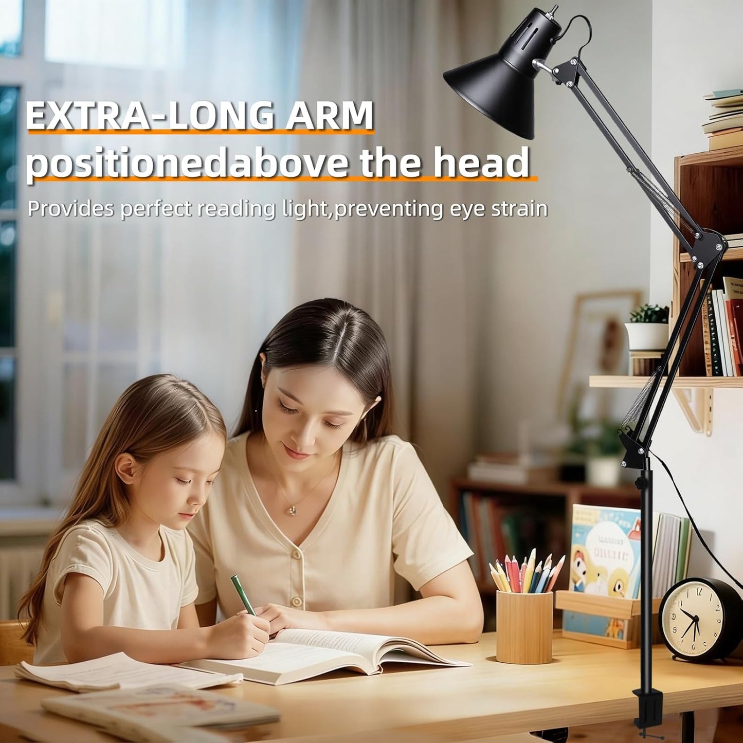 Desk Lamp With Clamp for Home Office, Eye-Caring Clip on Light with Adjustable Extra Tall Metal Swing Arm, High Intensity Clamp Lamp w/LED Bulb, Architect Task Table Lamps for Study, Workbench-B/5000k