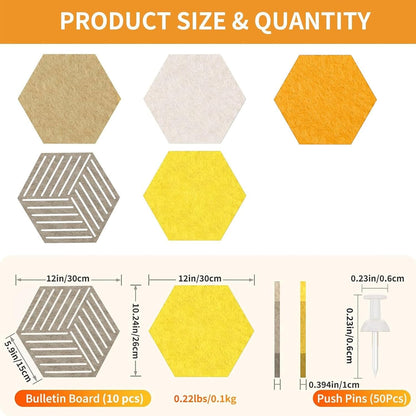 FOCHIER F 10PCS Hexagon Cork Boards for Walls Decor,12"*10.2" Felt Bulletin Board Tiles Sets for Home Office Class Kitchen with 50 Push Pins,Self Adhesive DIY Pin Board for Photos Memos