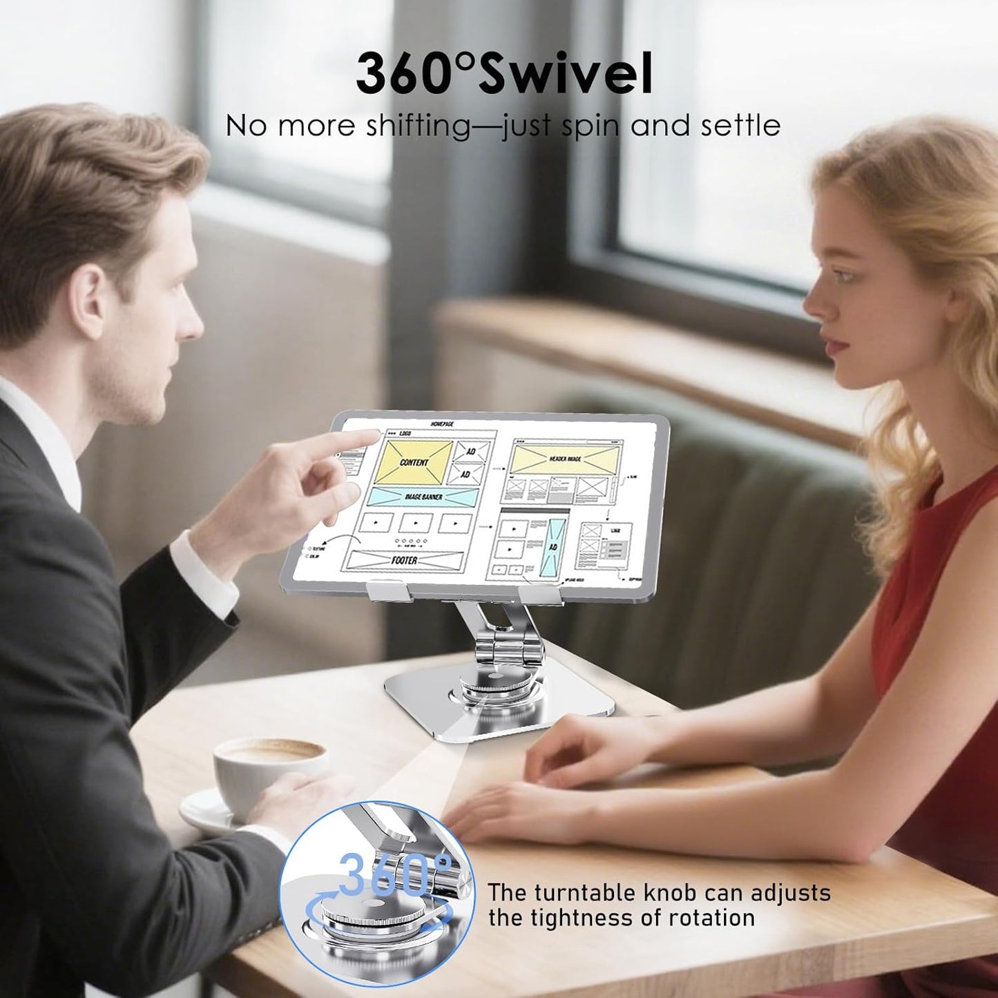 Tablet Stand for Desk, 360° Rotating iPad Stand, Aluminum Adjustable & Foldable iPad Holder, Compatible for iPad Pro Air Mini Surface Pro Samsung Galaxy Tabs Kindle, 4-12.9 inch, Silver