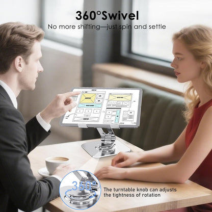 Tablet Stand for Desk, 360° Rotating iPad Stand, Aluminum Adjustable & Foldable iPad Holder, Compatible for iPad Pro Air Mini Surface Pro Samsung Galaxy Tabs Kindle, 4-12.9 inch, Silver