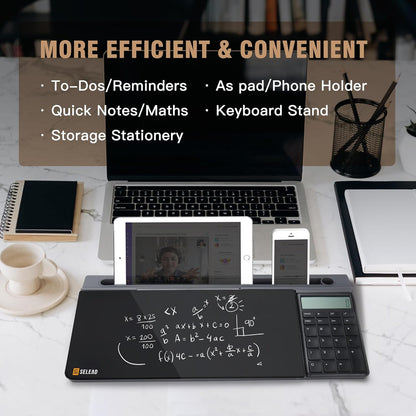 SELEAD Desktop Glass Whiteboard with Wireless Charger Station, Dry Erase Board Computer Pad Keyboard Stand with Organizer for Home, School, Office Desk Accessories, Black