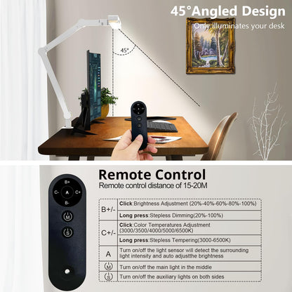 Micomlan Led Desk Lamp with Clamp, Architect Desk Lamp for Home Office with Atmosphere Lighting, 24W Ultra Bright Auto Dimming Computer Light Stepless Dimming and Tempering LED Table Light