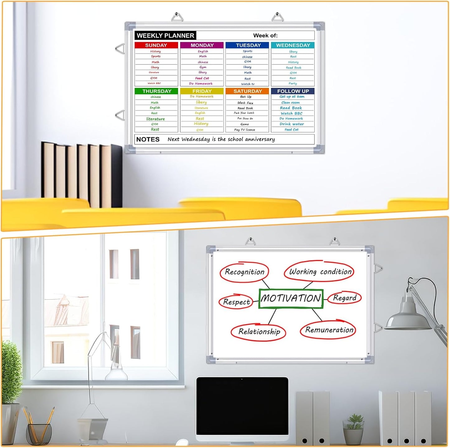 Weekly Planner Whiteboard, Weekly Dry Erase Board for Wall 16" x 12", Double-Sided Weekly Calendar Whiteboard with Pen Tray & Hook, Hanging Writing Schedule Board for Home, School, Office