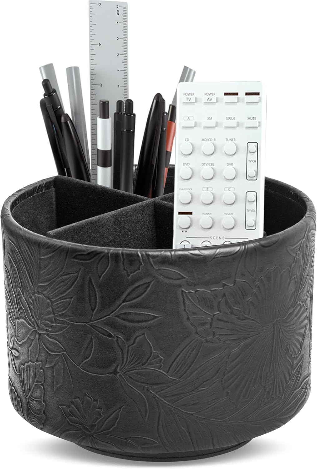 Round Leather Art Supply Organizer,Remote Control Holder,360 Degree Rotating,Multi-Functional Pencil Holder,4 Compartments Desktop Stationary Organizer(1-Fractal Flower) | Round - Colors A