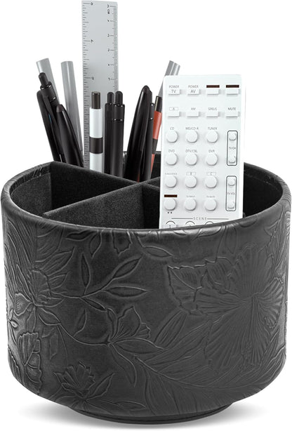 Round Leather Art Supply Organizer,Remote Control Holder,360 Degree Rotating,Multi-Functional Pencil Holder,4 Compartments Desktop Stationary Organizer(1-Fractal Flower) | Round - Colors A