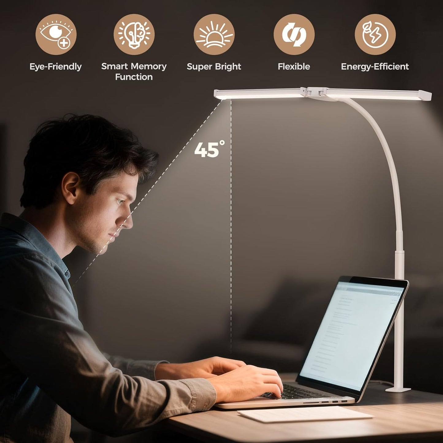 Voncerus LED Desk Lamp for Home Office, Double Head Architect Light with Clamp, Computer Monitor Clip on Light, 3 Modes and 10 Brightness, Adjustable Flexible Goose-Neck, Table Task Lamp, Black